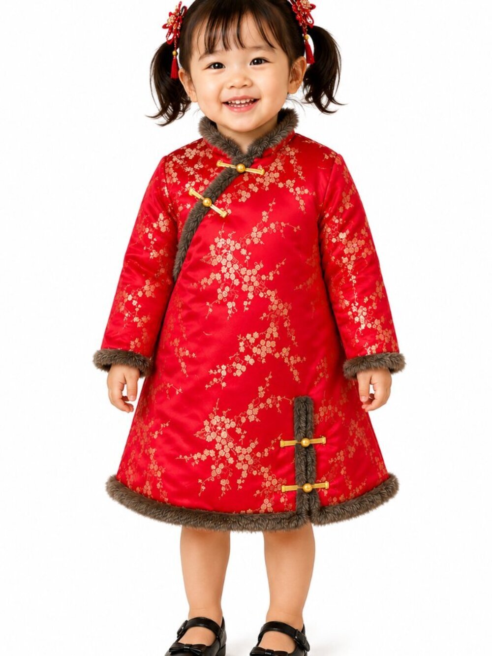 Chinese Traditional Dress Child's Quilted Cheongsam Fur Edged Red Gold Toggles